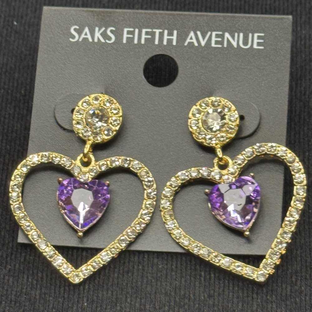 Saks Fifth Avenue Purple and Gold Double Heart Earrings 1.5 inch
